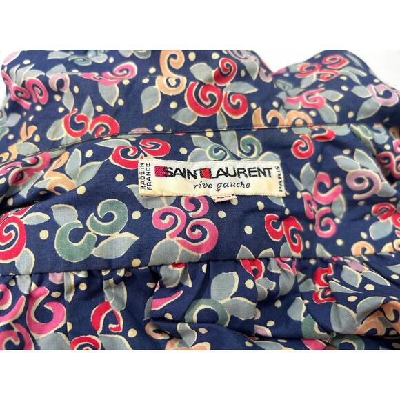 SAINT LAURENT Rive Gauche Vintage Womens Size 36 Blue Floral Button Blouse Bow - Picture 7 of 13